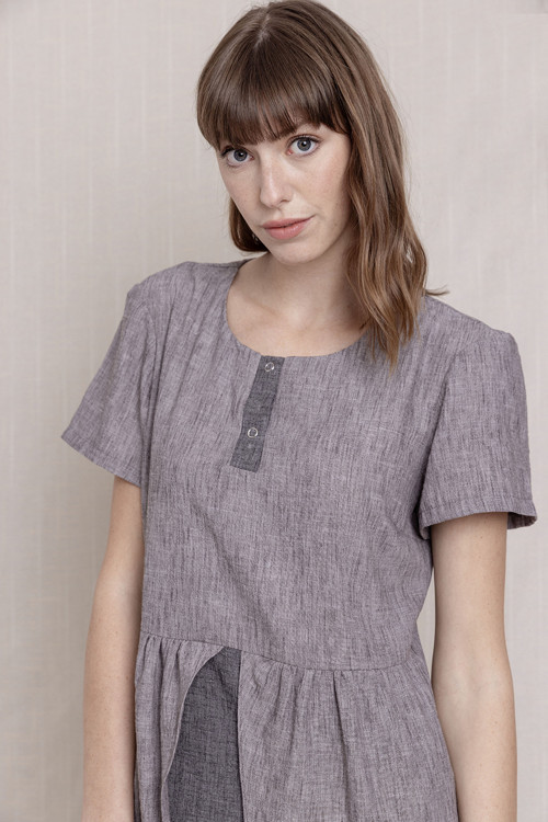 Gri Kısa Kollu Keten Elbise