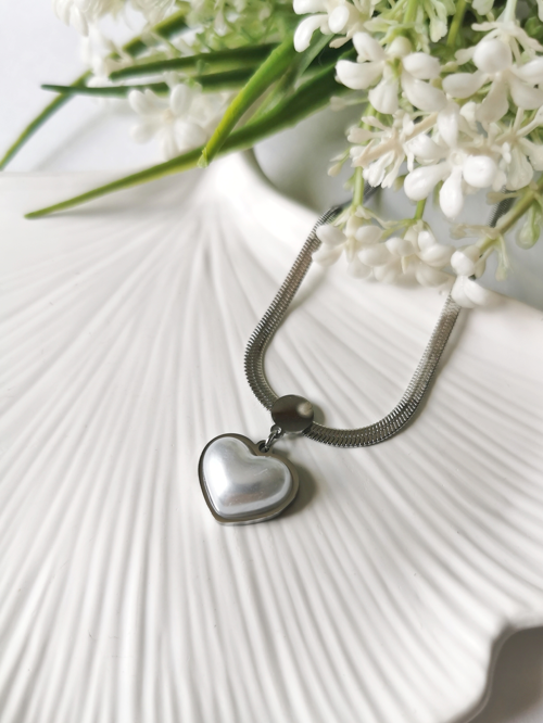 Kalp Figürlü İnci Detaylı Silver İtalyan Zinciri Çelik Kolye