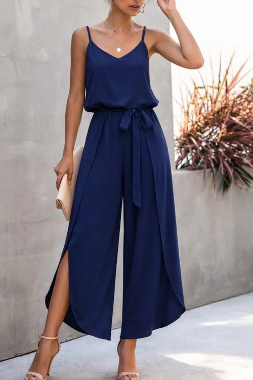 Kadın Ip Askılı V Yakalı Belden Kuşaklı Yandan Yırtmaçlı Uzun Aerobin Tulum