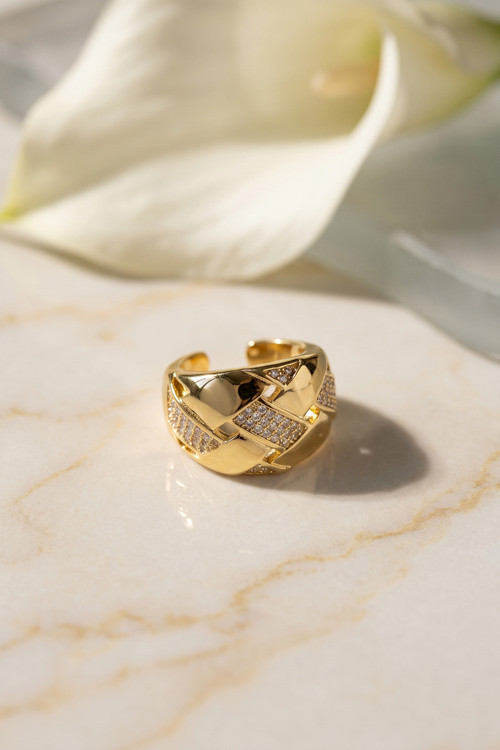 Zirkon Taş Detaylı Geçmeli Örgü Tasarımlı Ayarlanabilir Gold Renk Yüzük TJ-BYK4222