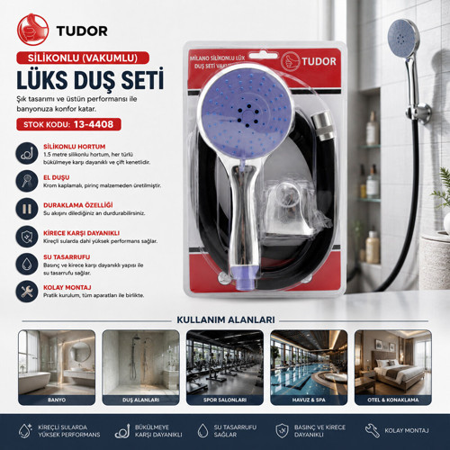Milano Vakumlu - Silikon Lüks Duş Seti Duş Başlık - Mix Silikon Hortum - 1.5MT Mafsal - 3 Kad
