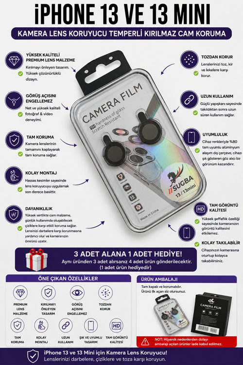 Sugba iPhone 13 ve 13 Mini Kamera Lens Koruyucu Temperli Kırılmaz Cam Koruma