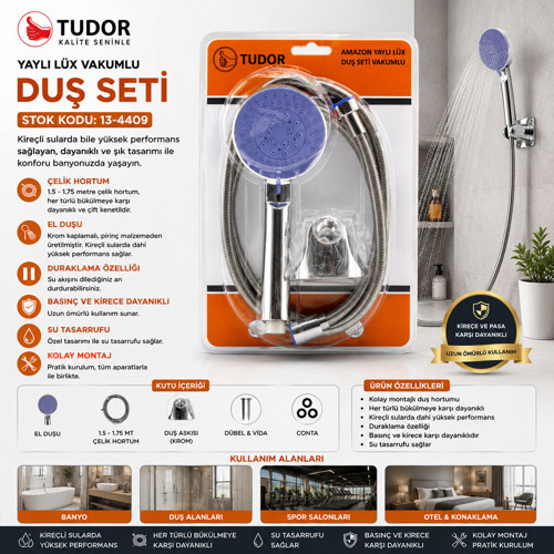 Vakumlu - Krom Lüks Duş Seti Metal Yaylı Hortum - 150 cm Mafsal