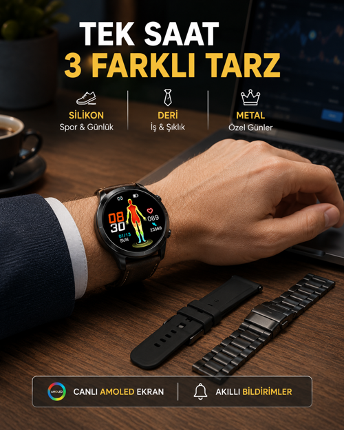 popüler AMOLED Ekranlı Akıllı Saat – 3 Kordon Seçenekli, Suya Dayanıklı, Kalp Atış ve Uyk