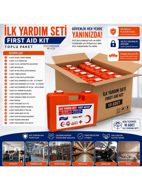 İlk Yardım Çantası Full Set – 10 Adet Toplu Paket, İş Yeri, Fabrika, Ofis ve Araç İçin (10 Adet)