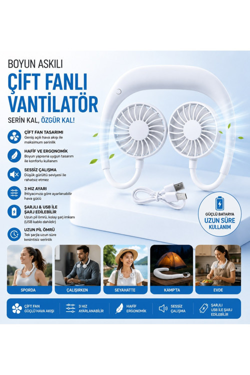 F3 Boyun Askılı Vantilatör Serinletici Fan Çift Fanlı Boyunluk Vantilatör 3 Kademe Hız Ayarlı Şarjlı Mini Klima Pervane