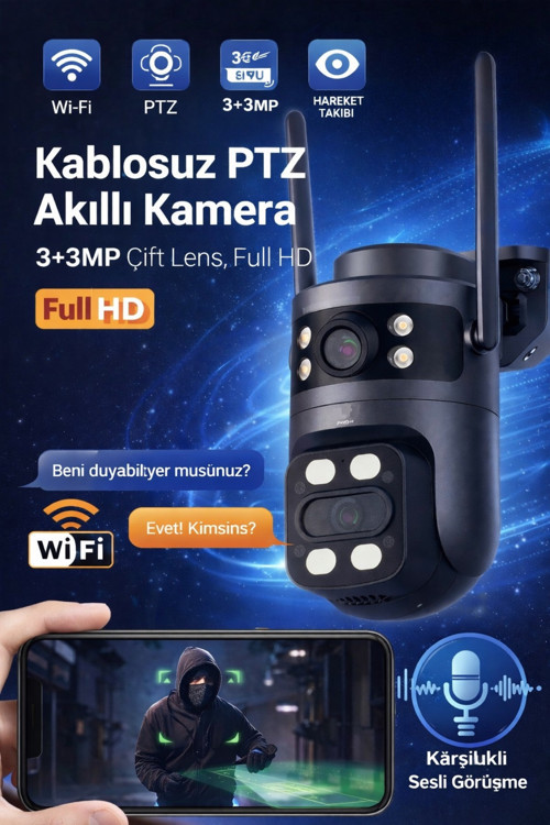 6MP Çift Lens Akıllı Güvenlik Kamerası Wifi Gece Görüşlü Hareket Takibi Karşılıklı Ses İletimi