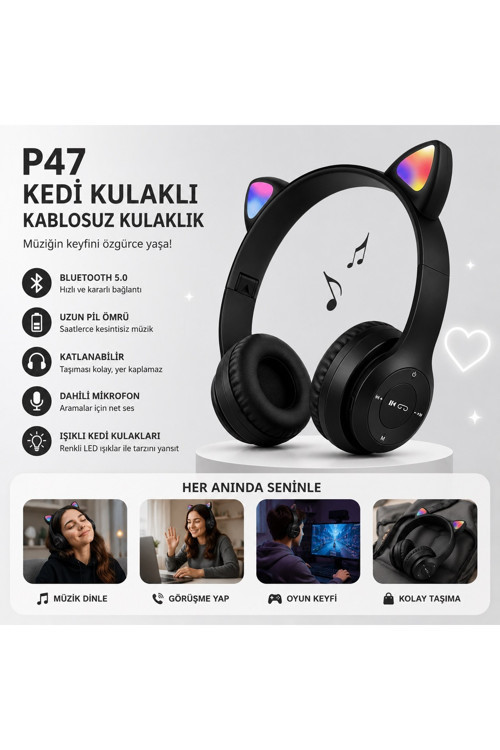 P47M Kedi Kulaklı Bluetooth Kulaklık Rgb Led Işıklı Kablosuz Kulaküstü Hafıza Kartı ve Aux Girişli Mikrofonlu Kulaklık