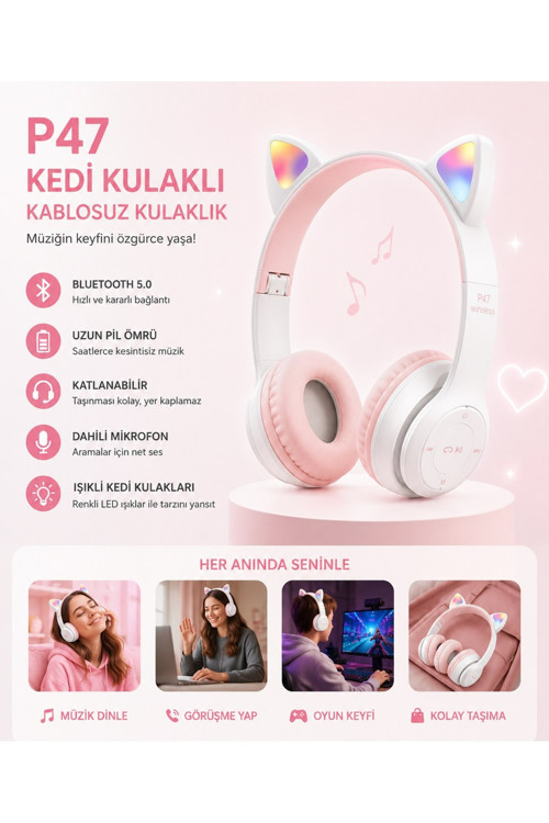 P47M Kedi Kulaklı Bluetooth Kulaklık Rgb Led Işıklı Kablosuz Kulaküstü Hafıza Kartı ve Aux Girişli Mikrofonlu Kulaklık