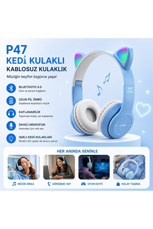 P47M Kedi Kulaklı Bluetooth Kulaklık Rgb Led Işıklı Kablosuz Kulaküstü Hafıza Kartı ve Aux Girişli Mikrofonlu Kulaklık