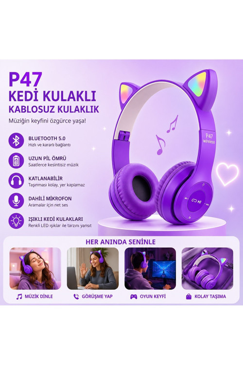 P47M Kedi Kulaklı Bluetooth Kulaklık Rgb Led Işıklı Kablosuz Kulaküstü Hafıza Kartı ve Aux Girişli Mikrofonlu Kulaklık