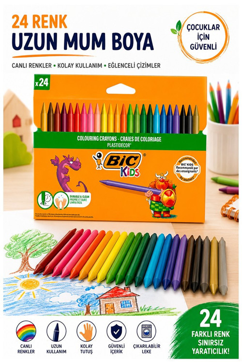 Mum Boya 24 Lü 1 Paket Bic 24 Renk Mumboya Elleri Kirletmeyen Yıkanabilir Silinebilir Karton Kutu Plastidecor