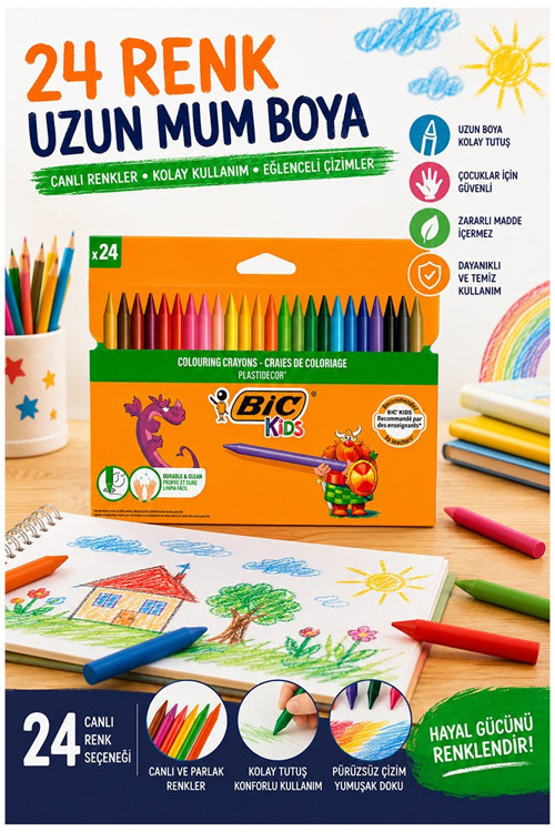 Mum Boya 24 Lü 1 Paket Bic 24 Renk Mumboya Elleri Kirletmeyen Yıkanabilir Silinebilir Karton Kutu Plastidecor