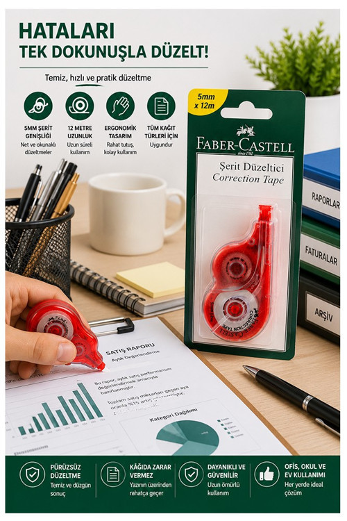 Şerit Daksil Beyaz 5mmx12 Metre 1 Adet Faber Castell Şerit Düzeltici Şerit Silici Yazı Silici Büro Ofis Okul
