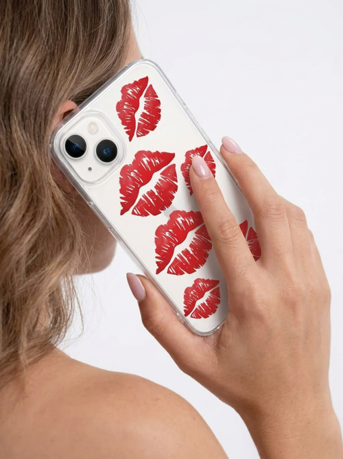İphone 14 Kırmızı Dudak / Öpücük Desenli Şeffaf Telefon Kılıfı - GGGGGG4376-7269