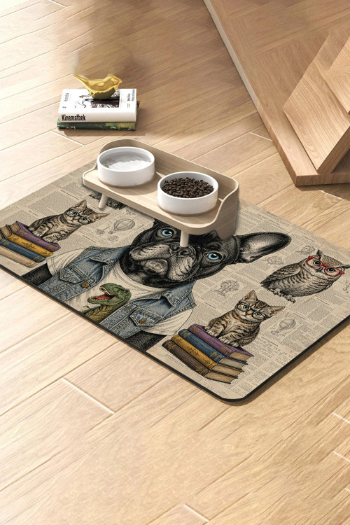 Kedi Köpek Beslenme Matı 50x70cm Su Geçirmez Mama Kabı Paspası Retro Hayvan Akademisi