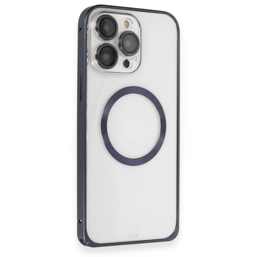 İphone 15 Pro Max Kılıf Metal Bumper Magneticsafe Kapak - Lacivert
