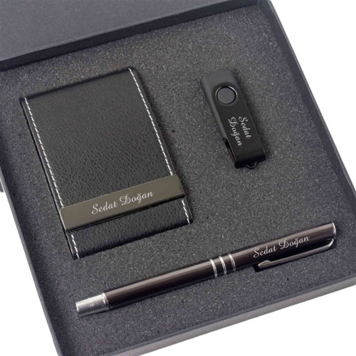 İsme Özel Siyah Kartvizitlik Usb ve Tükenmez Kalem Seti