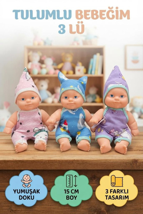 Et Bebek 15 cm : Desenli Tulum ve Uyumlu Şapka ile 3lü Eğlenceli Eğitici oyun Set