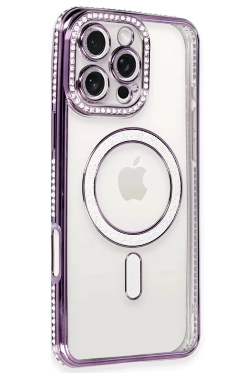 Apple İphone 16 Pro Kılıf Joke Simli Magneticsafe Kılıf - Derin Mor