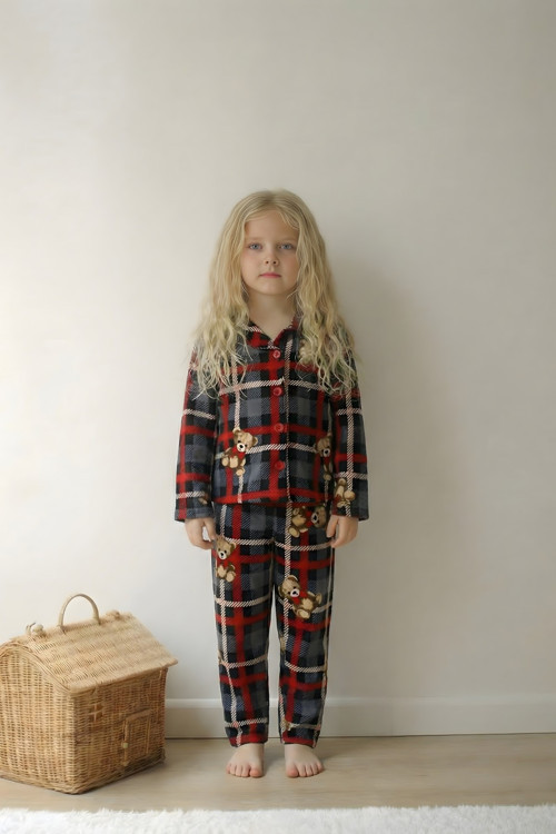 Çocuk Pijama Takımı Uzun Kollu Süet Örme Kumaş