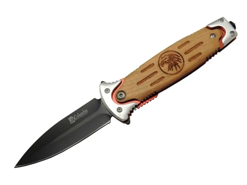 Fs 11032 Kahverengi Kurtarma / Kamp Çakısı 20cm - Kartal İşlemeli Ahşap Sap, Kemerlikli, Cam K
