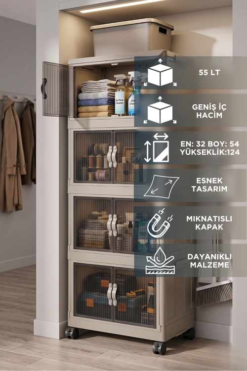 55 LT Geniş Hacimli Organizer Dolap - 4 Bölmeli 127 cm Çok Amaçlı Banyo ve Mutfak Düzenleyici