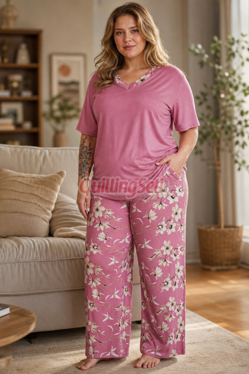 Pembe Renk, Çiçek Desenli 11060 Kısa Kol Kadın Büyük Beden Anne Pijama Takımı