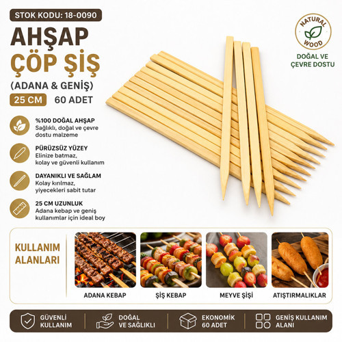 Büro Ev Ofis Mangal Keyfi için 60ADET 25CM Ahşap Geniş Adana Kebap Çöp Şiş Seti