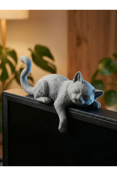 Monitör Üstü Dekoratif Uyuyan Kedi Figürü - Sevimli Masa Aksesuarı