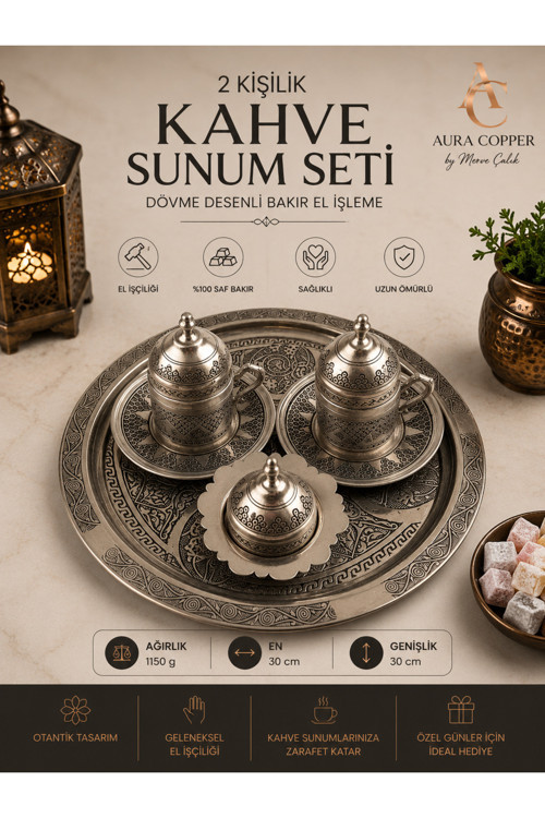 2 Kişilik Bakır Kahve Sunum Seti El İşlemeli Tepsili Türk Kahvesi Fincan Takımı - Ağır El İşleme Mat