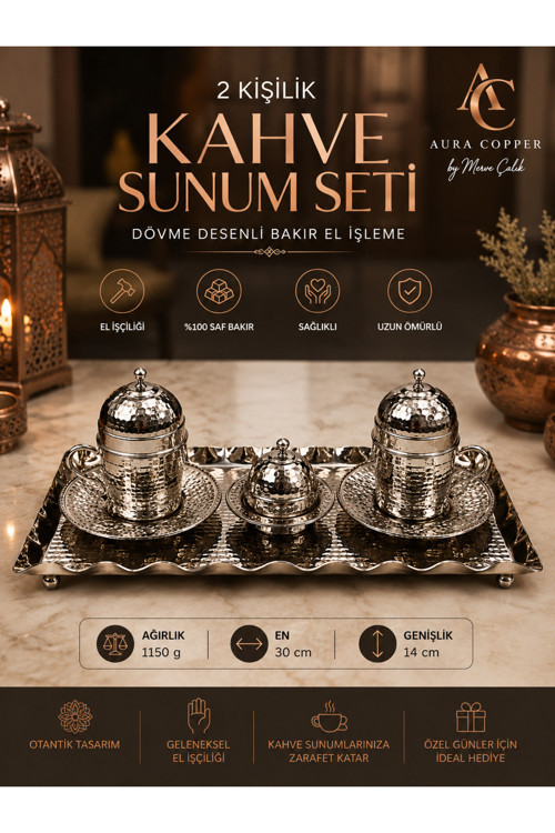 2 Kişilik Bakır Kahve Sunum Seti El İşlemeli Tepsili Türk Kahvesi Fincan Takımı - Döveme