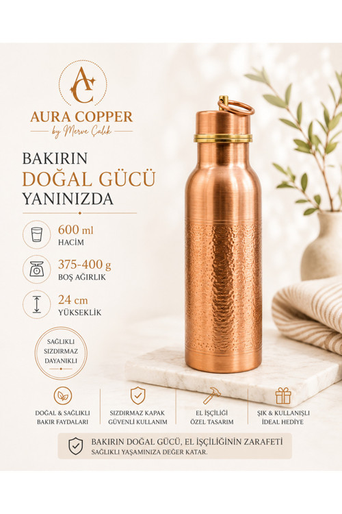 Kalın Bakır Matara – 600 Ml El İşçiliği Suluk - Su Saklama Şişesi Rose