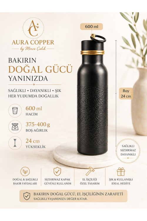 Kalın Bakır Matara – 600 Ml El İşçiliği Suluk - Su Saklama Şişesi Siyah