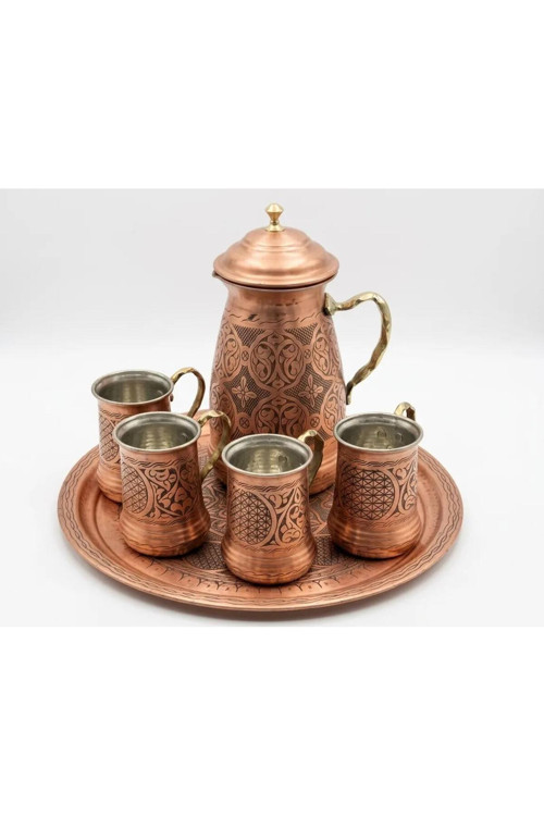 Ağır El İşlemesi Kapaklı Bakır Sürahi 1.2Mm Kalın Saf Bakır 27 Cm 2-2,5 Lt Sürahi- Bardak- Tepsi - Ayran/Şerbet/Limonata