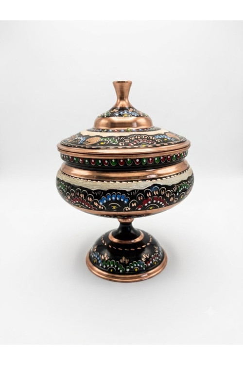 Eski Usul El İşlemesi Renkli Motifli Bakır Şekerlik Ve Lokumluk - Kapaklı Ayaklı Bakır Kase (21X16 Cm)