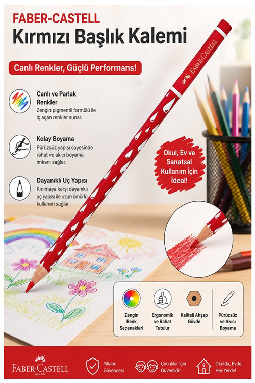 Kırmızı Başlık Kalemi Damla 1 Adet Faber Castell Kırmızı Kurşun Kalem Yumuşak Uçlu Kolay Silinebilir Öğrenci