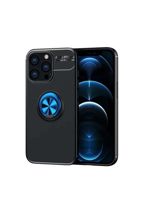 Newface İphone 13 Pro Kılıf Range Yüzüklü Silikon - Siyah-mavi