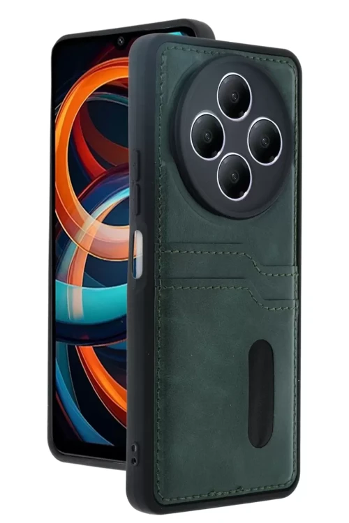 Xiaomi Redmi 14c Kılıf Sara Kartvizitli Deri Kılıf - Koyu Yeşil