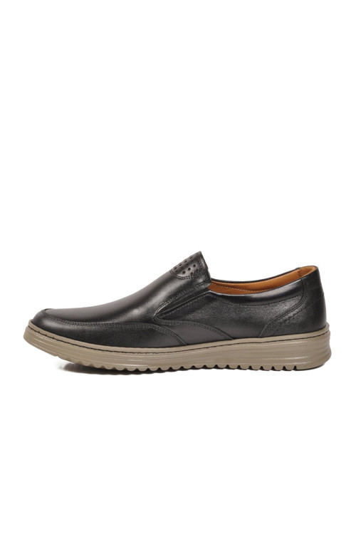 Siyah-Bej Hakiki Deri Yan Lastikli Erkek Günlük Ayakkabı Loafer 048 M