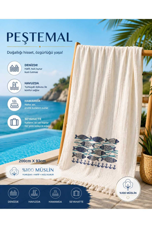 Müslin Pamuk Plaj Havlusu Peştemal