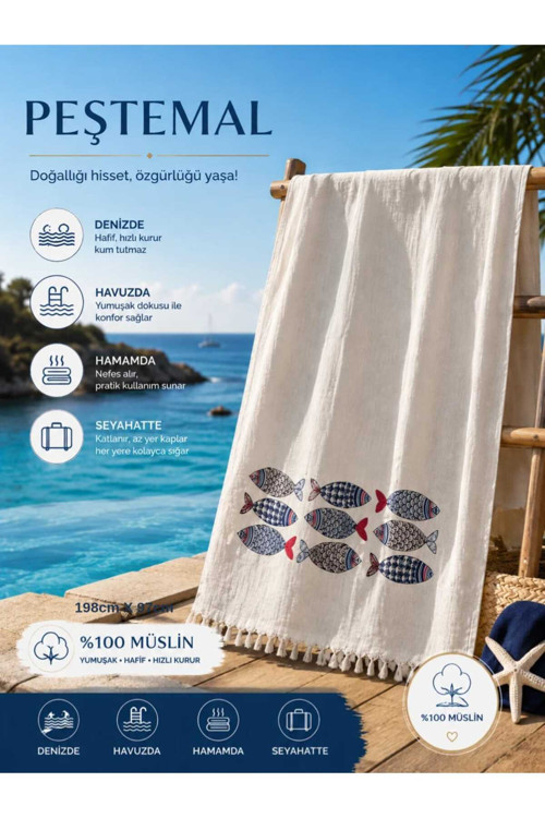 Müslin Pamuk Plaj Havlusu Peştemal Balık Denizli
