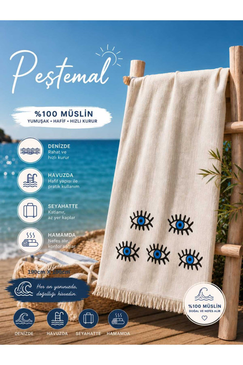 Müslin Pamuk Plaj Havlusu Peştemal Nazar