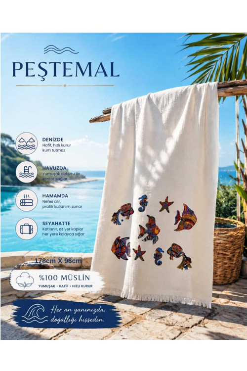 Müslin Pamuk Plaj Havlusu Peştemal Okyanus