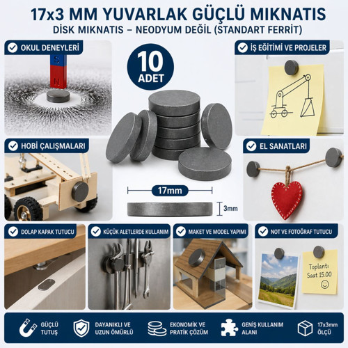 10 Adet Mıknatıs 17x3 mm Yuvarlak Güçlü Mıknatıs Disk Mıknatıs