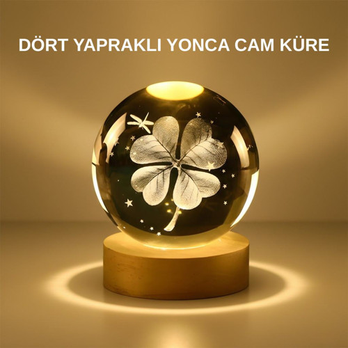 Dekoratif Yonca Görünümlü Işıklı Kristal Cam Küre USB Masa Gece Lambası
