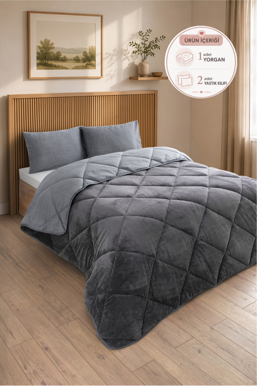 Premium Çift Taraflı Wellsoft Yorgan Seti Battal Boy 215x235 cm – 2 adet Yastık Kılıflı