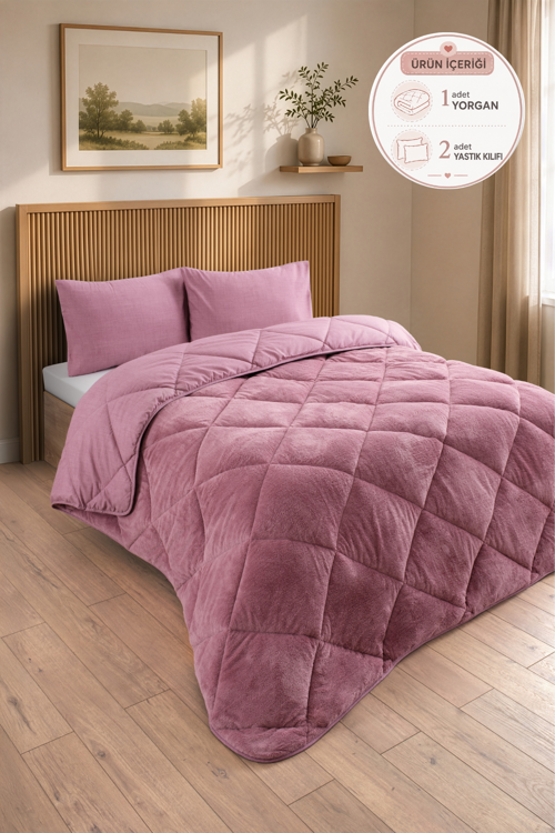 Premium Çift Taraflı Wellsoft Yorgan Seti Battal Boy 215x235 cm – 2 adet Yastık Kılıflı