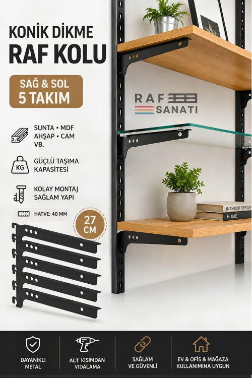 5 Takım Raf Destek Kolu 27 cm – 40 Hatve – Ahşap MDF Sunta Cam Raf Tutucu Raf Kolu Siyah