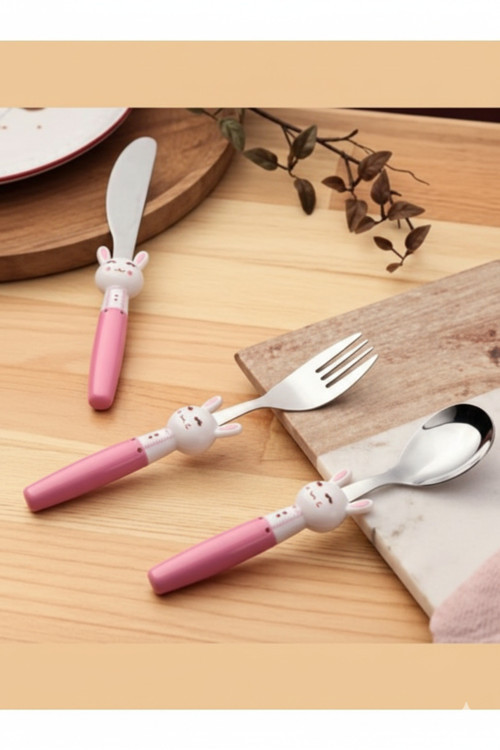 Porland Rabbit Pembe Çocuk Çatal Kaşık Bıçak Takımı 3 Parça